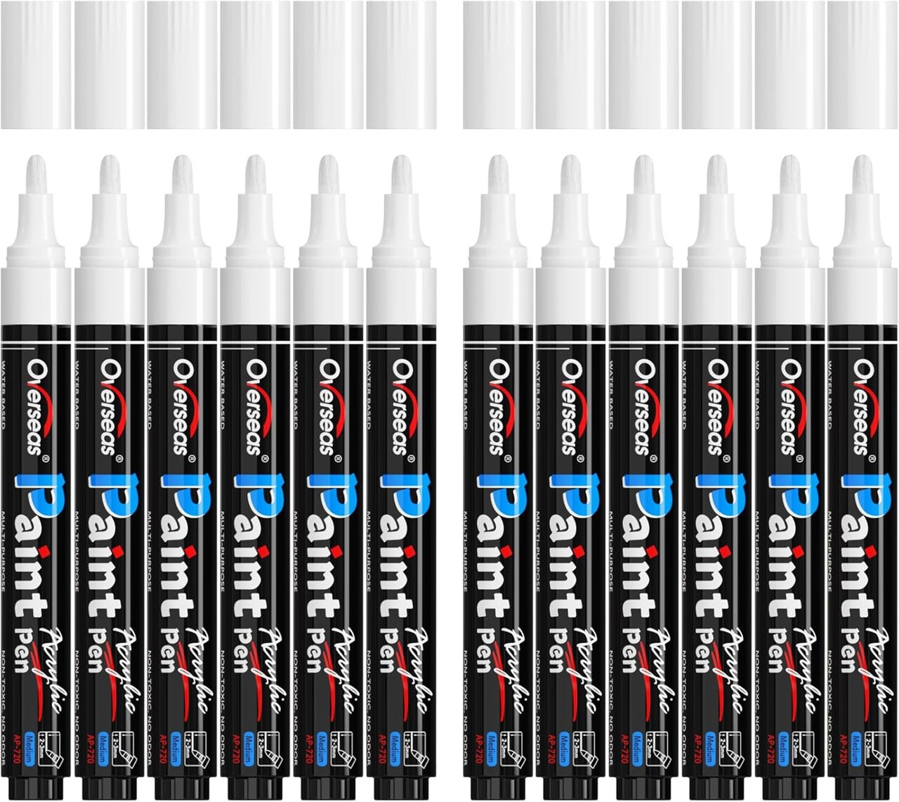 White Paint Pens - Permanent Acrylic Markers 12 Pack, Water-Based, Quick Dry, Waterproof Paint Marker Pen for Rock, Wood, Plastic, Metal, Canvas, Glass, Fabric, Mugs. Medium Tip